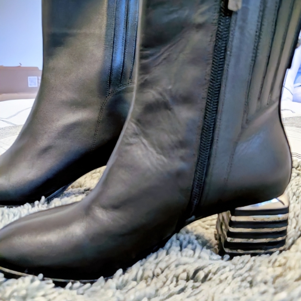 New without box - Black Leather Booties with Chromed Square Heel